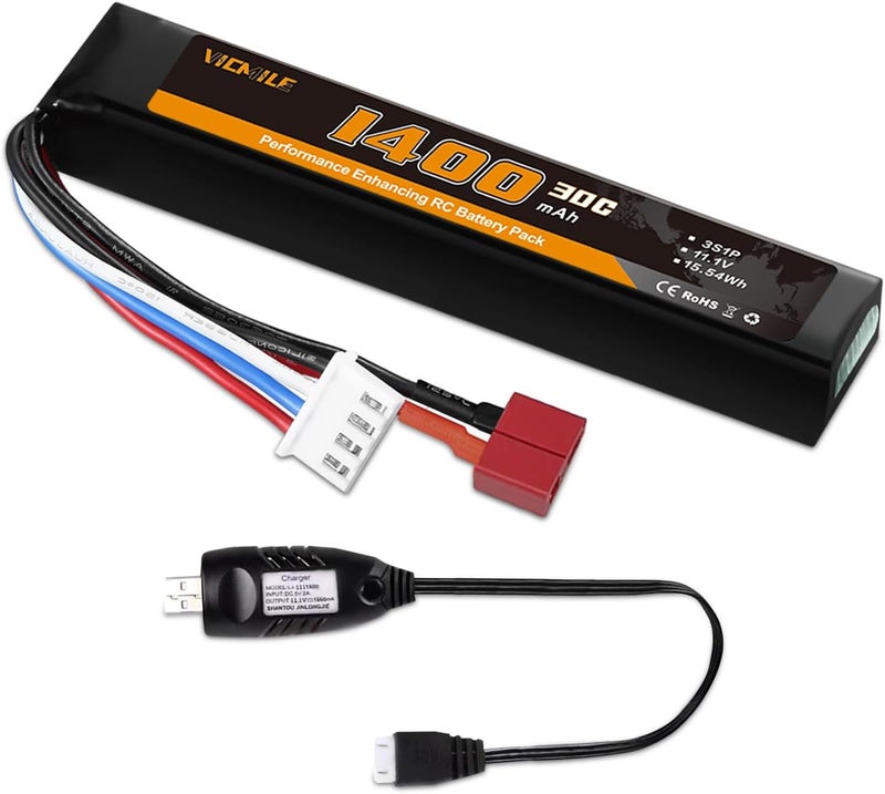 VICMILE 3S Airsoft Battery 30C 11.1V 1400mAh Dean-Style T Plug with 11.1V USB Charger Fit for Most Airsoft Model Guns Gel Water Bead Blaster - Image 1